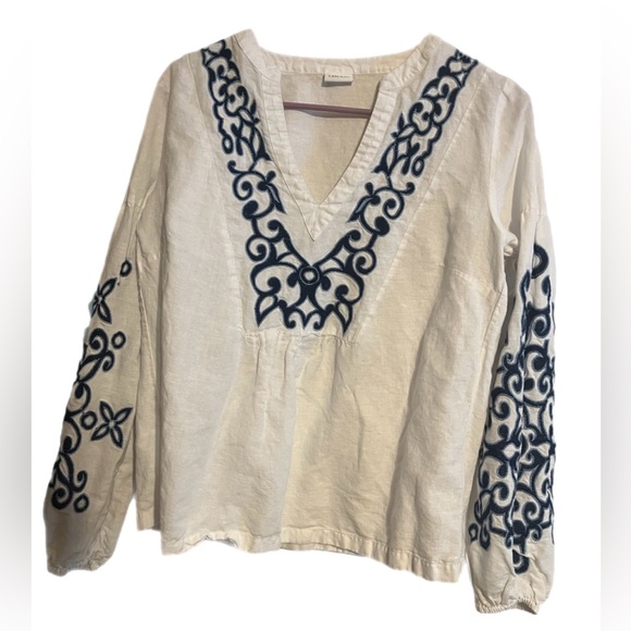 Lascana Tops - LASCANA Women's White Long Sleeve Shirt with Blue Embroidered Detail Size Small